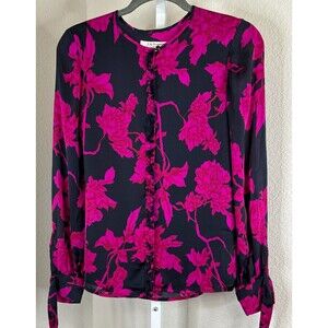 LK Bennett 100% Silk Blouse Frayed Ruffle Front Top‎ Tie Cuff Black Pink Shirt 4